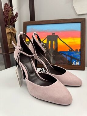 ZARA Blush Pink Faux Suede Ankle Strap High Heel Pumps Size 39 NWT